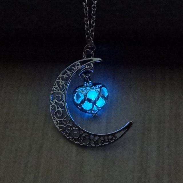 Glow In The Dark Hollow Moon & Heart Necklace Necklace Supply and Vibe Blue 