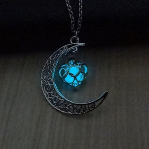 Glow In The Dark Hollow Moon & Heart Necklace Necklace Supply and Vibe Light Blue 